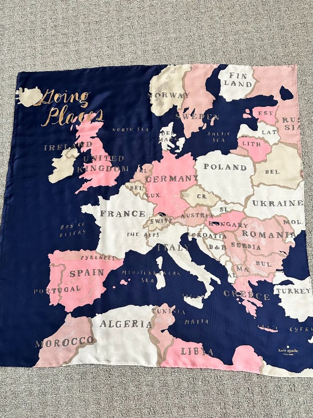 Kate Spade Going Places Silk Scarf Europe Map Navy Blush Gold Foil 34x34 Rare